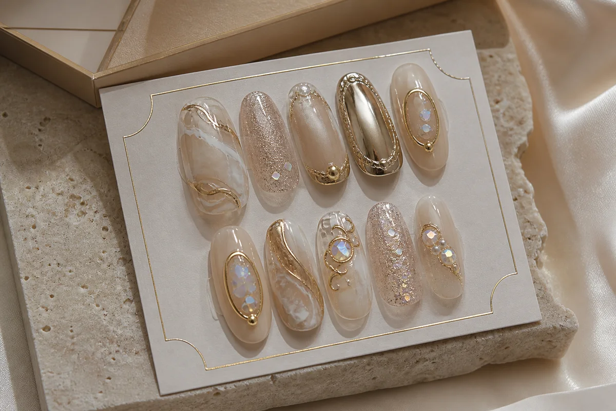 Premium press-on nail collection with chrome, crystal, and marble detailing for private-label brands